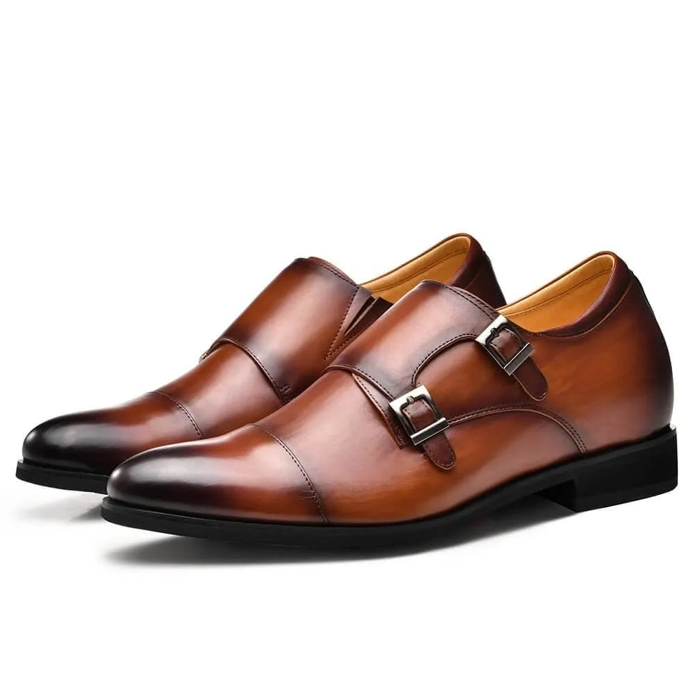 7CM / 2.76 Inches CMR CHAMARIPA Men's Height Increasing Monk Elevator Dress Shoes For Men Brown Calfskin Leather