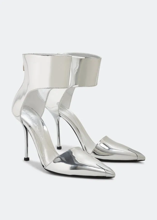ALEXANDER MCQUEEN SILVER HARNESS PUNK HEELS