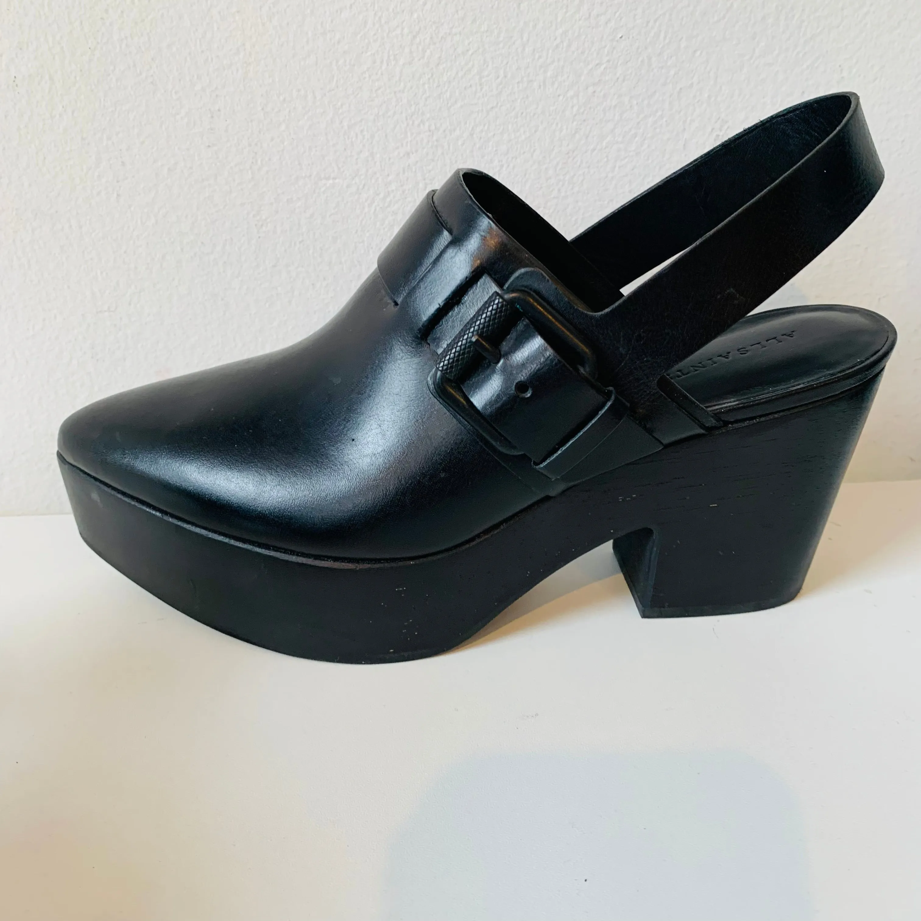 All Saints Black Leather and Wood Heeled Platform Mule Size 39