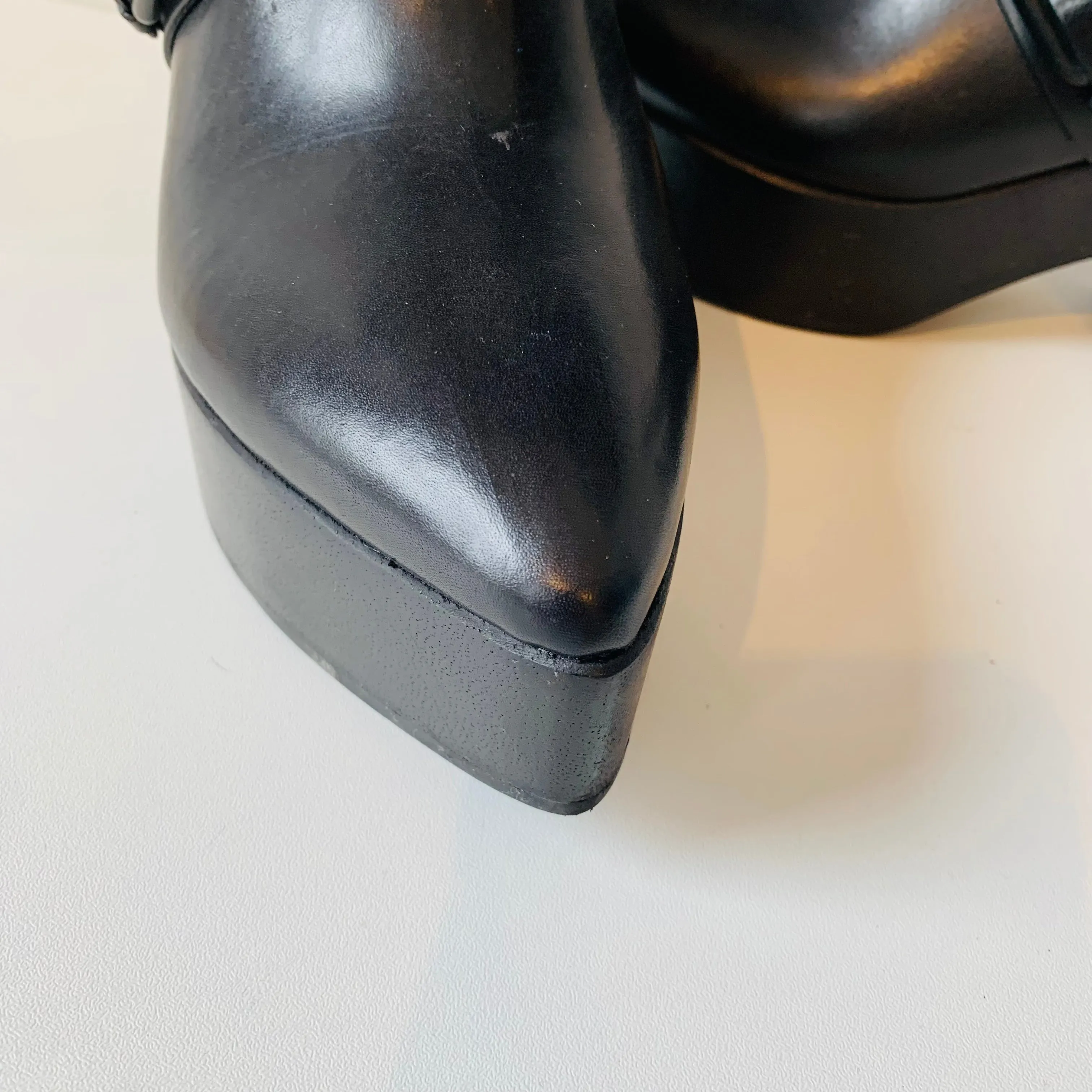All Saints Black Leather and Wood Heeled Platform Mule Size 39