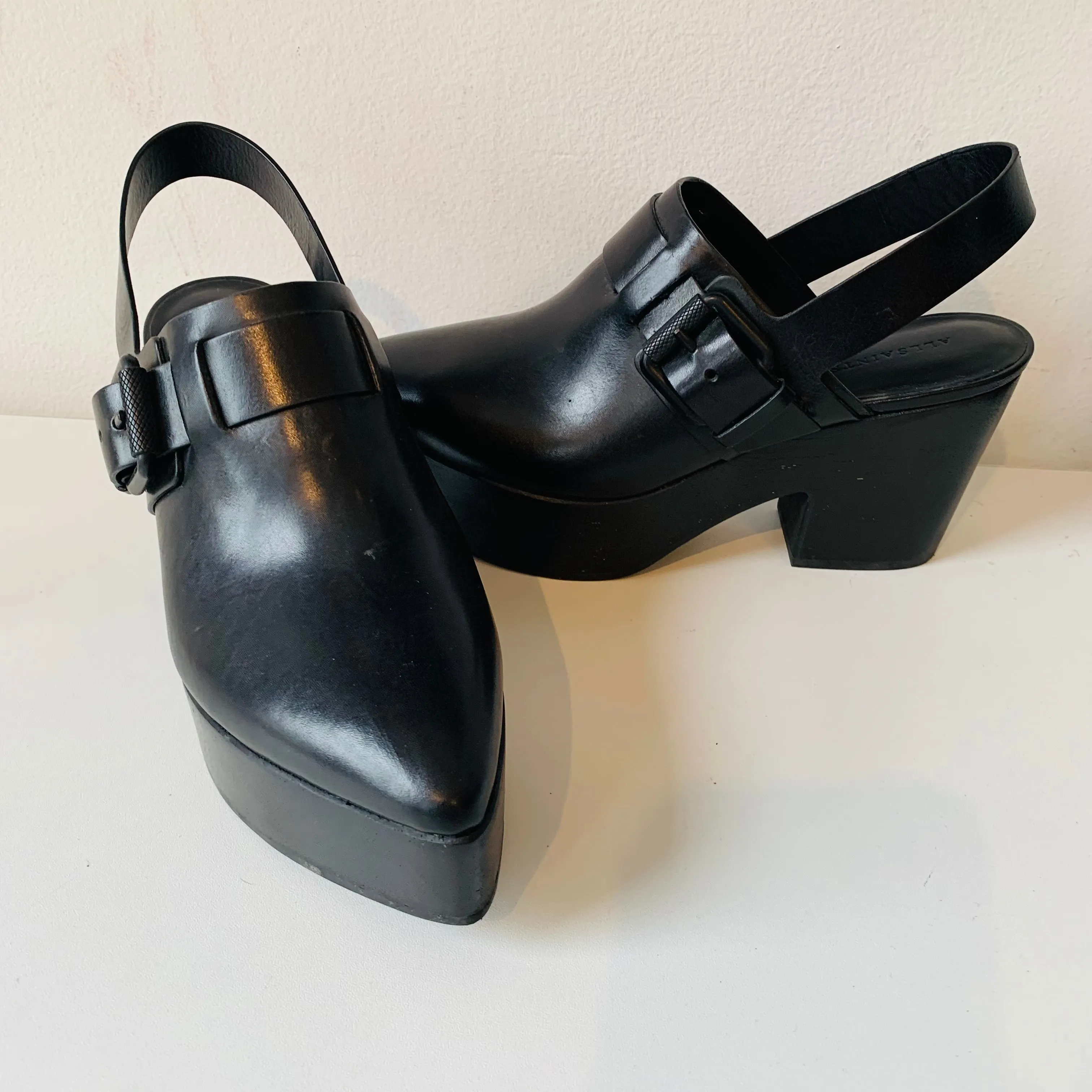 All Saints Black Leather and Wood Heeled Platform Mule Size 39