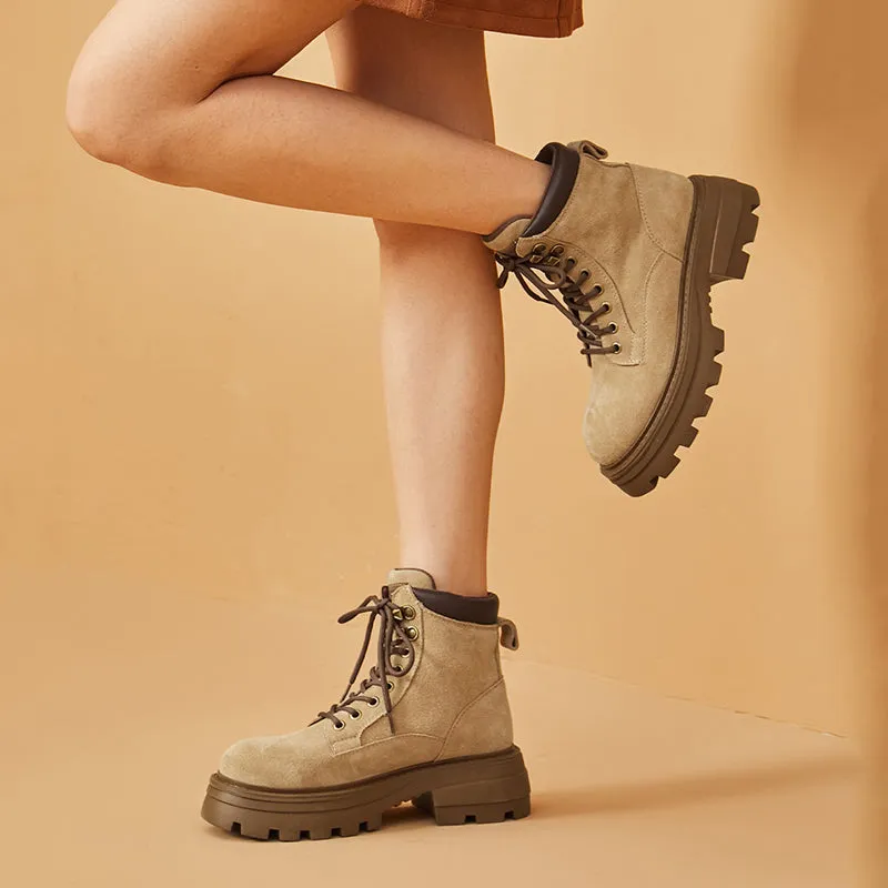 BeauToday Women Cow Suede Martin Boots Lace Up Combat Ankle Boots