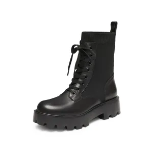 Black Lace-Up Knitted Chunky Combat Boots