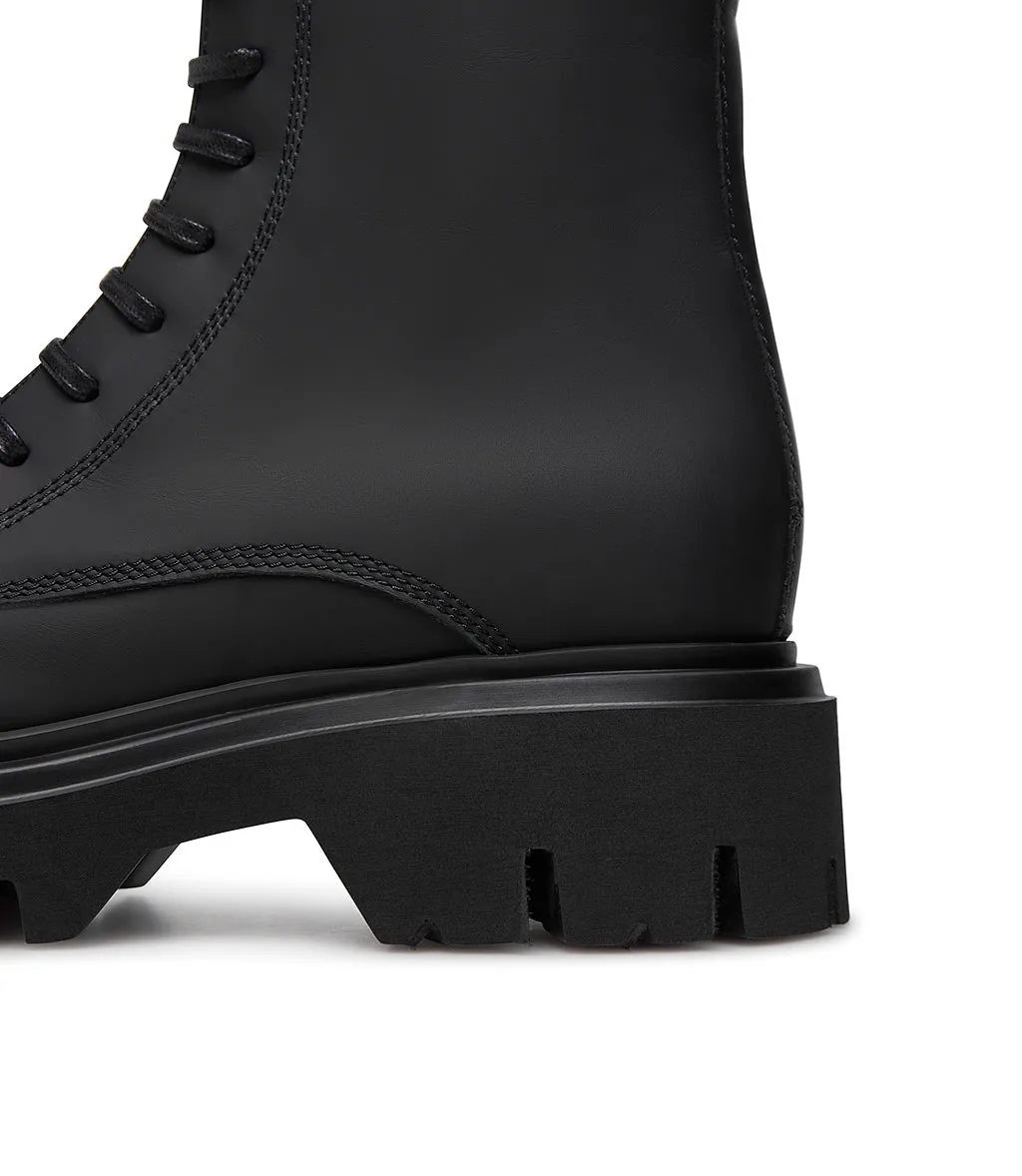 Black rubberized calfskin combat boots