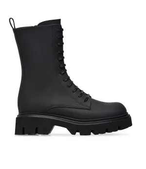 Black rubberized calfskin combat boots