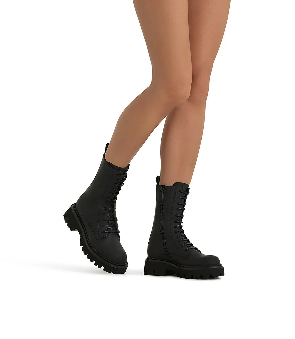 Black rubberized calfskin combat boots