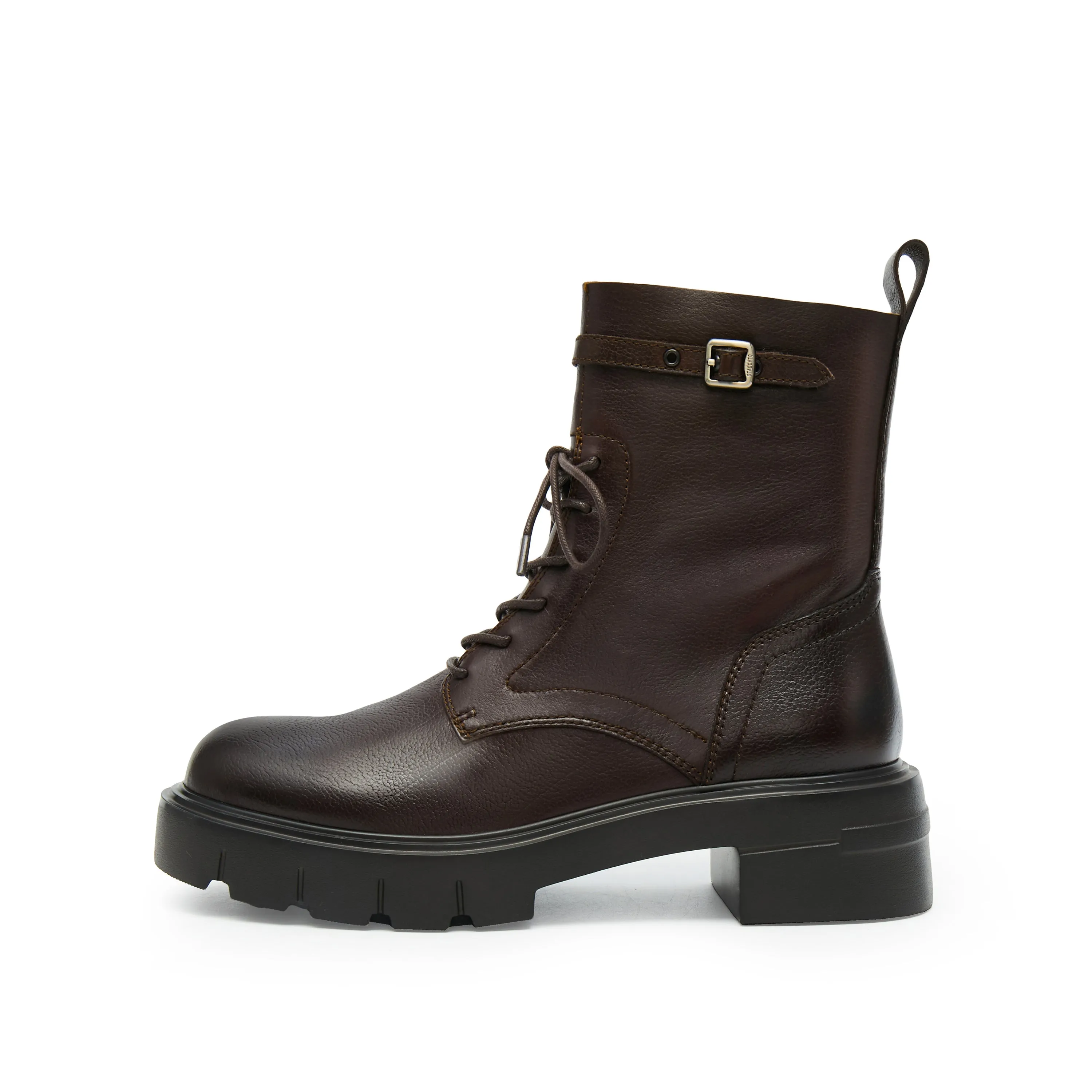 Brown Buckle Strap Lace Up Chunky Combat Boots