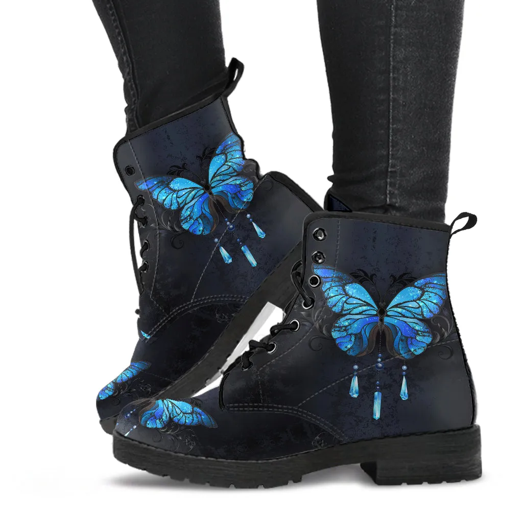 Combat Boots Blue butterfly Women's Vegan Leather Boots