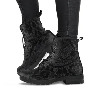 Combat Boots - Classic Pattern #116 Black Lace Print | Vegan Leather, Unisex Boots, Custom Shoes, Hippie Boots, Lace Up Boots, Women's Boots