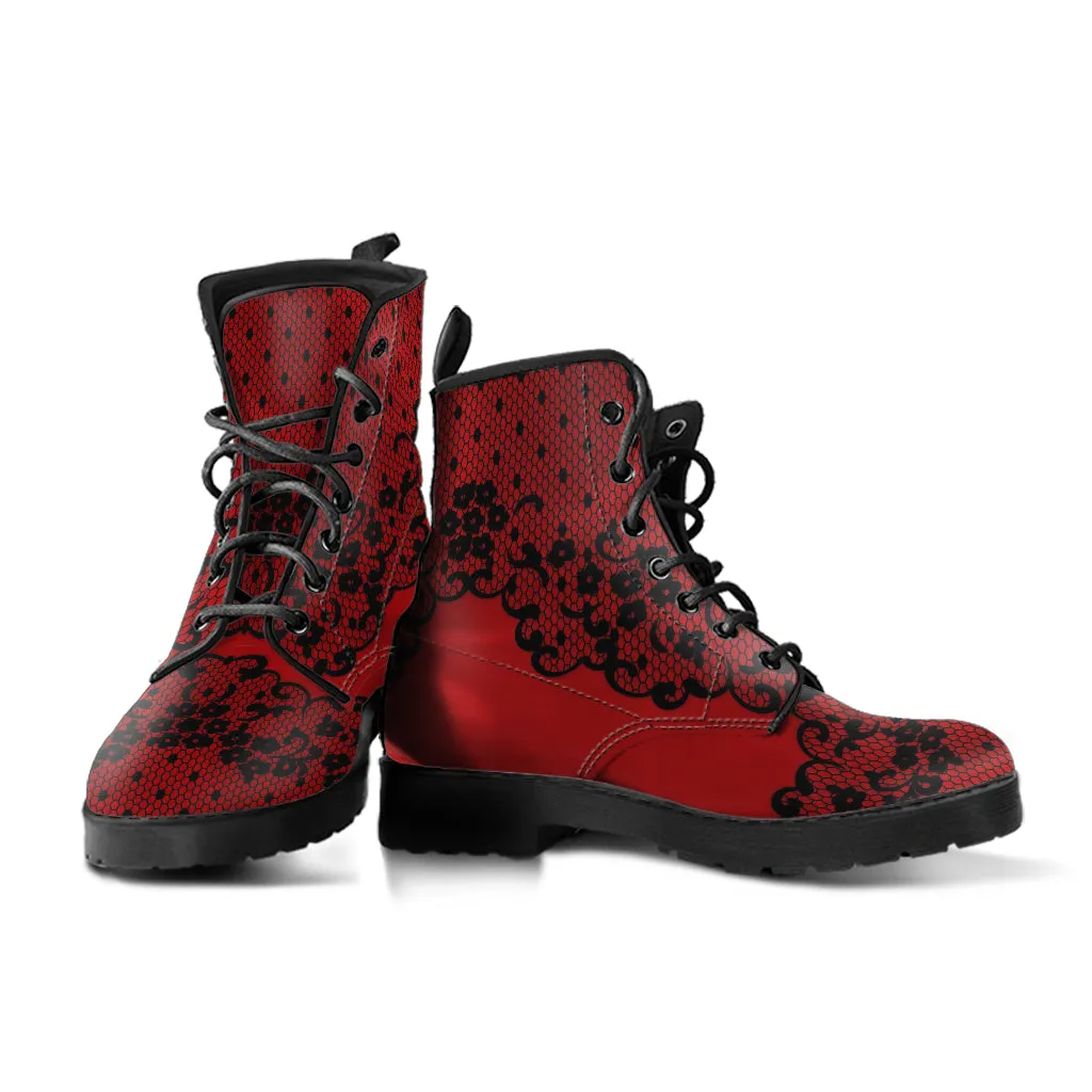 Combat Boots - Gothic Lace Print #102 Red | Custom Shoes, Hippie Boots, 90s Boots, Red Boots, Red Shoes, Lace Up Boots