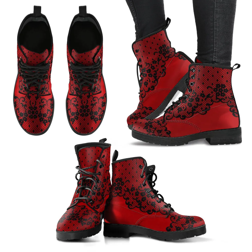 Combat Boots - Gothic Lace Print #102 Red | Custom Shoes, Hippie Boots, 90s Boots, Red Boots, Red Shoes, Lace Up Boots