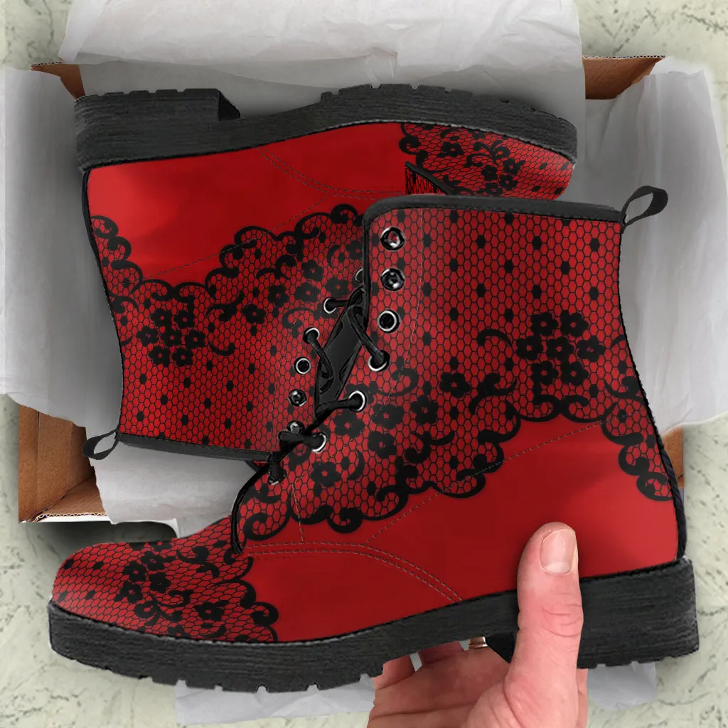 Combat Boots - Gothic Lace Print #102 Red | Custom Shoes, Hippie Boots, 90s Boots, Red Boots, Red Shoes, Lace Up Boots