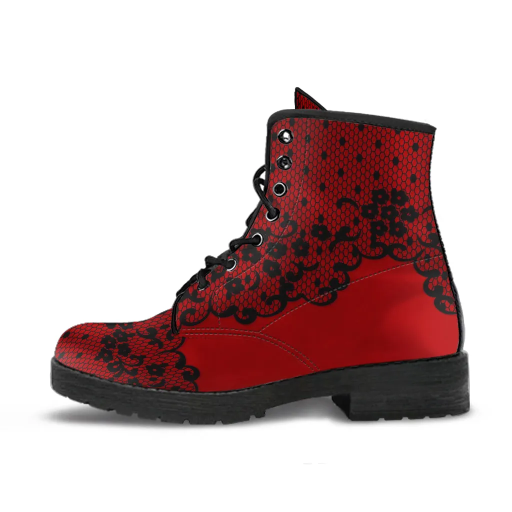 Combat Boots - Gothic Lace Print #102 Red | Custom Shoes, Hippie Boots, 90s Boots, Red Boots, Red Shoes, Lace Up Boots