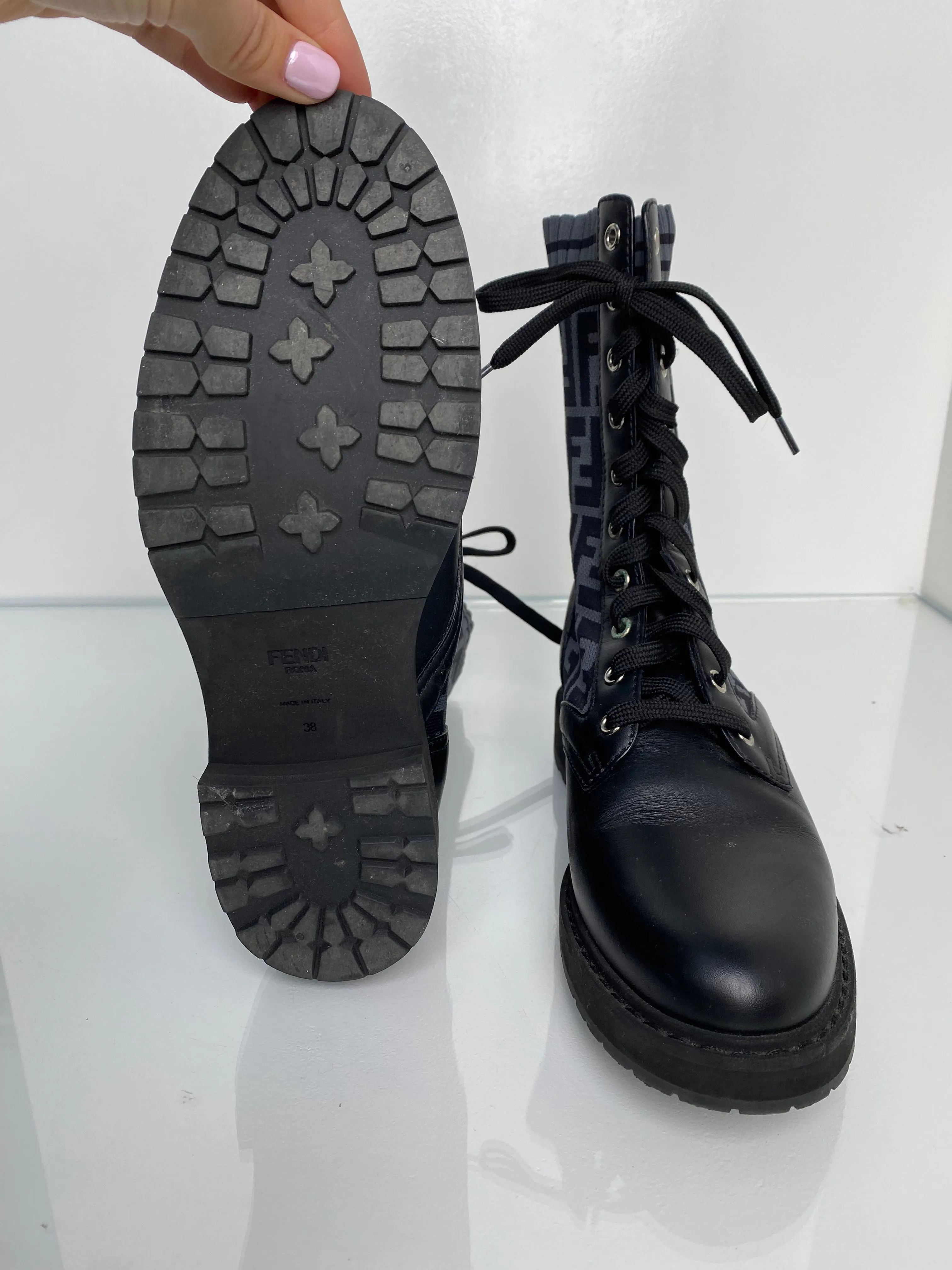 Fendi Black Zucca Combat Boots, 38
