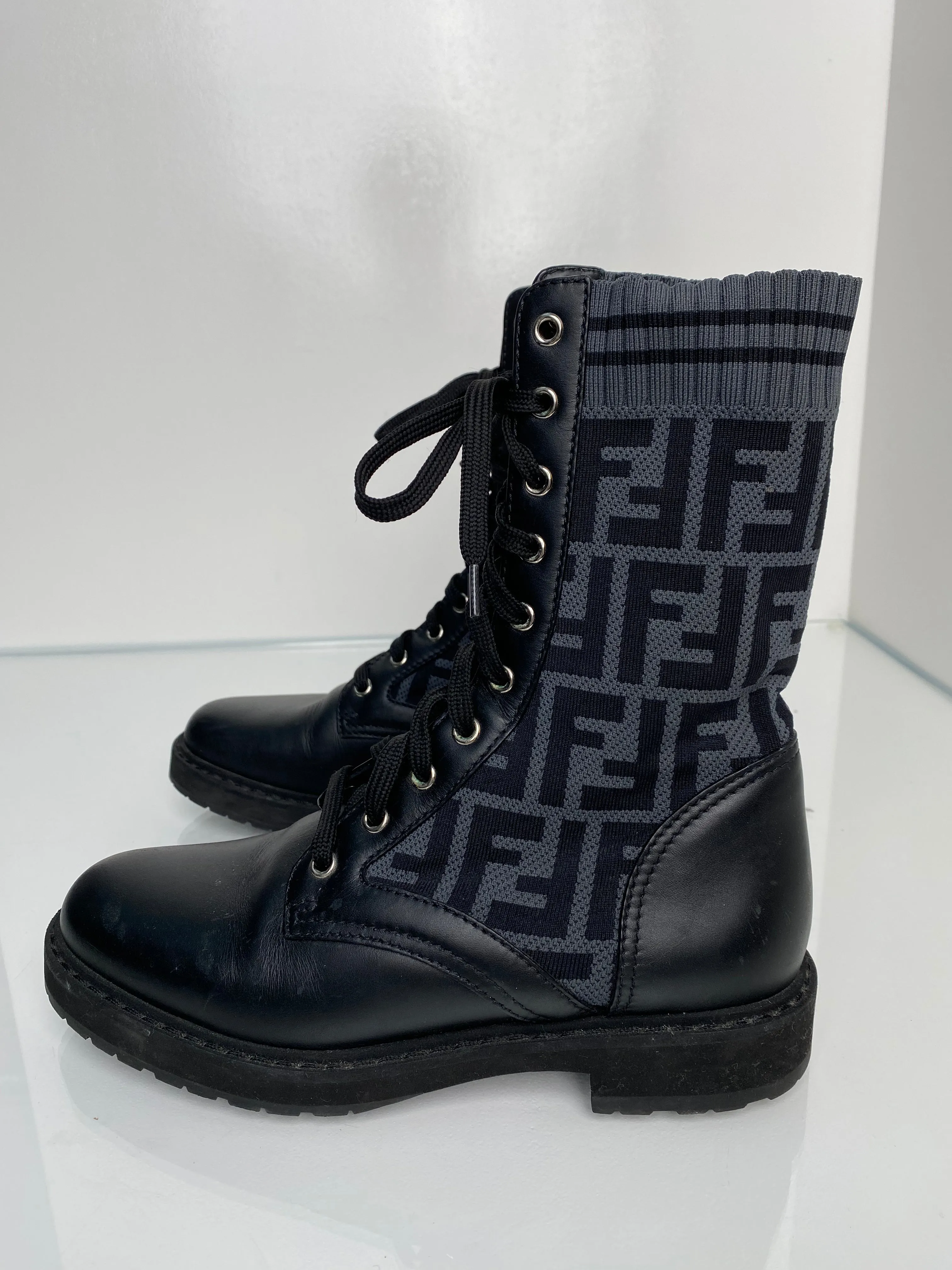 Fendi Black Zucca Combat Boots, 38