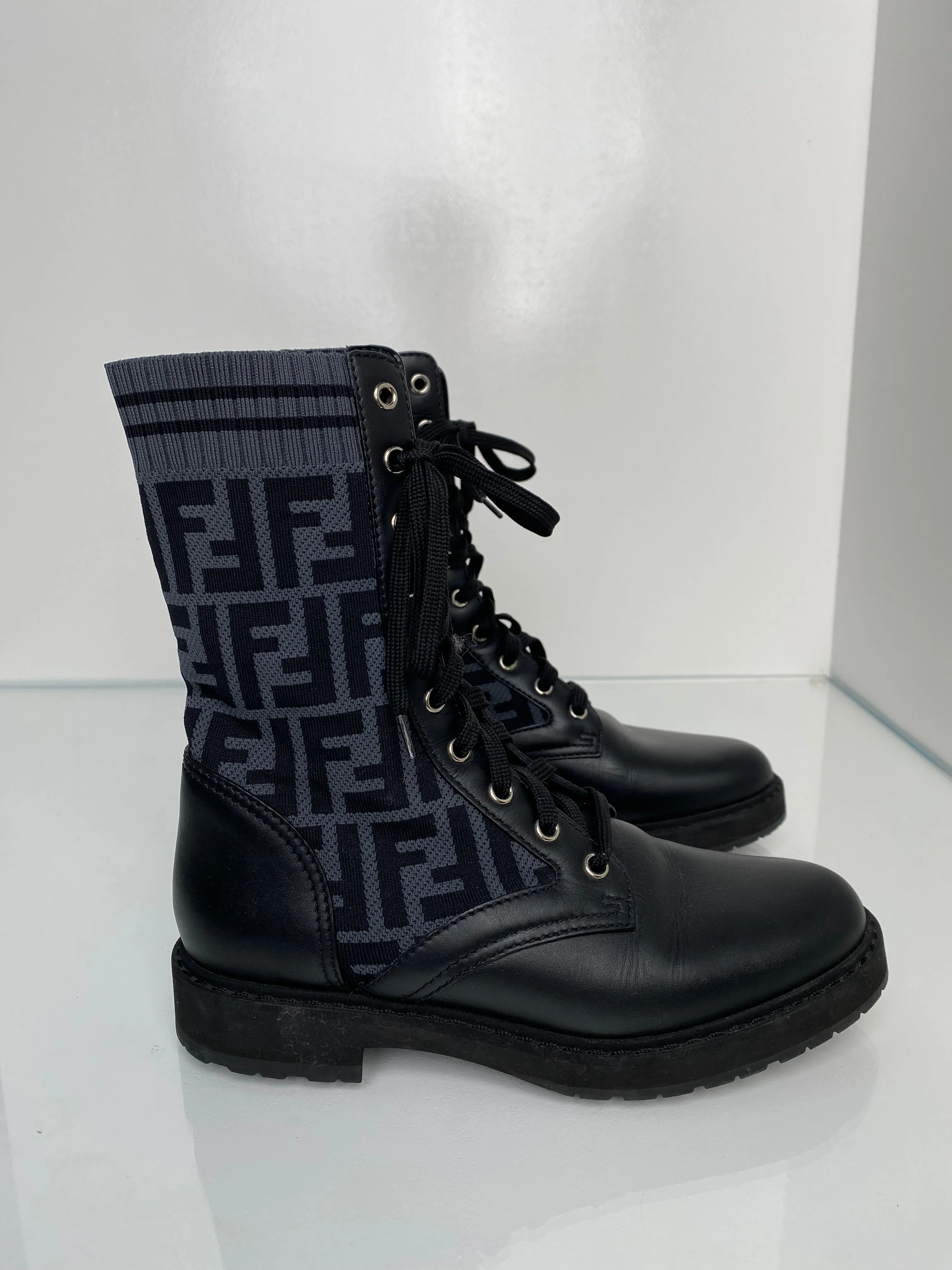 Fendi Black Zucca Combat Boots, 38