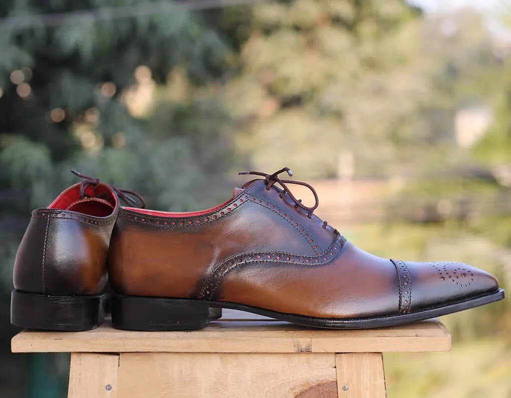 Handmade Men's Brown Leather Cap Toe Brogue Lace Up Shoes, Men Designer Dress Formal Luxury Shoes