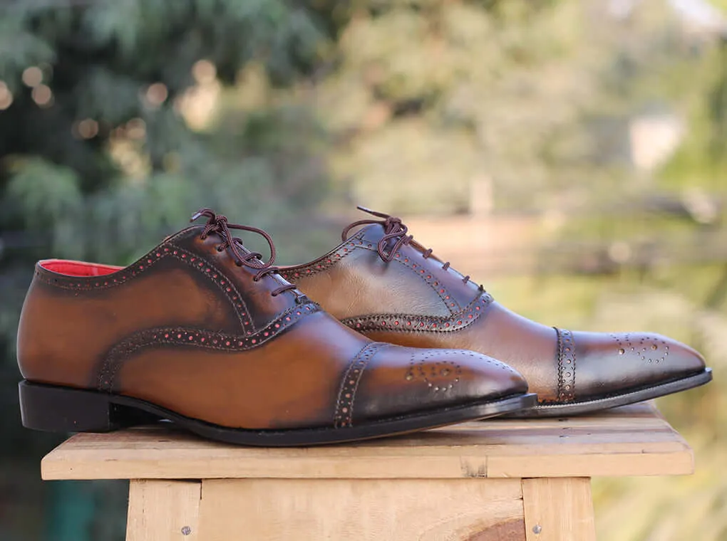 Handmade Men's Brown Leather Cap Toe Brogue Lace Up Shoes, Men Designer Dress Formal Luxury Shoes