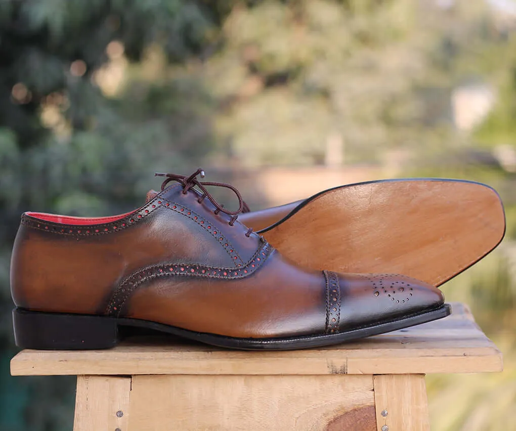 Handmade Men's Brown Leather Cap Toe Brogue Lace Up Shoes, Men Designer Dress Formal Luxury Shoes