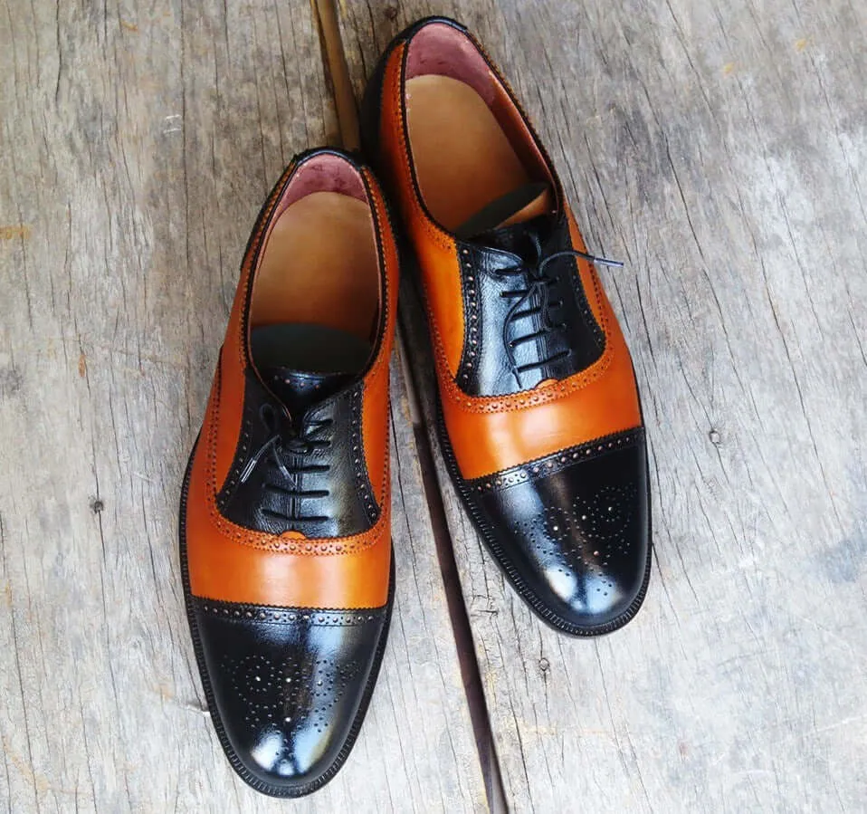 Handmade Men's Two Tone Black Brown Cap Toe Brogue Leather Lace Up Shoes, Men Designer Dress Formal Luxury Shoes