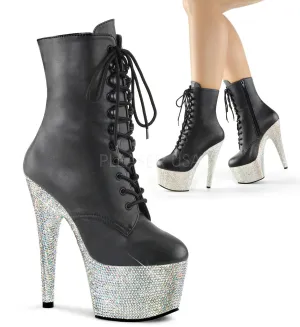 Pleaser BEJEWELED-1020-7 Black Faux Leather Ankle Boots With Silver Multi Rhinestone Platform