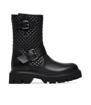 Quilted motif black calfskin combat boots