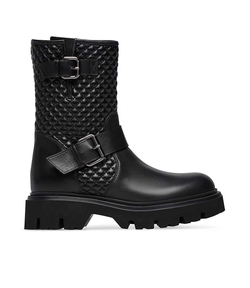 Quilted motif black calfskin combat boots