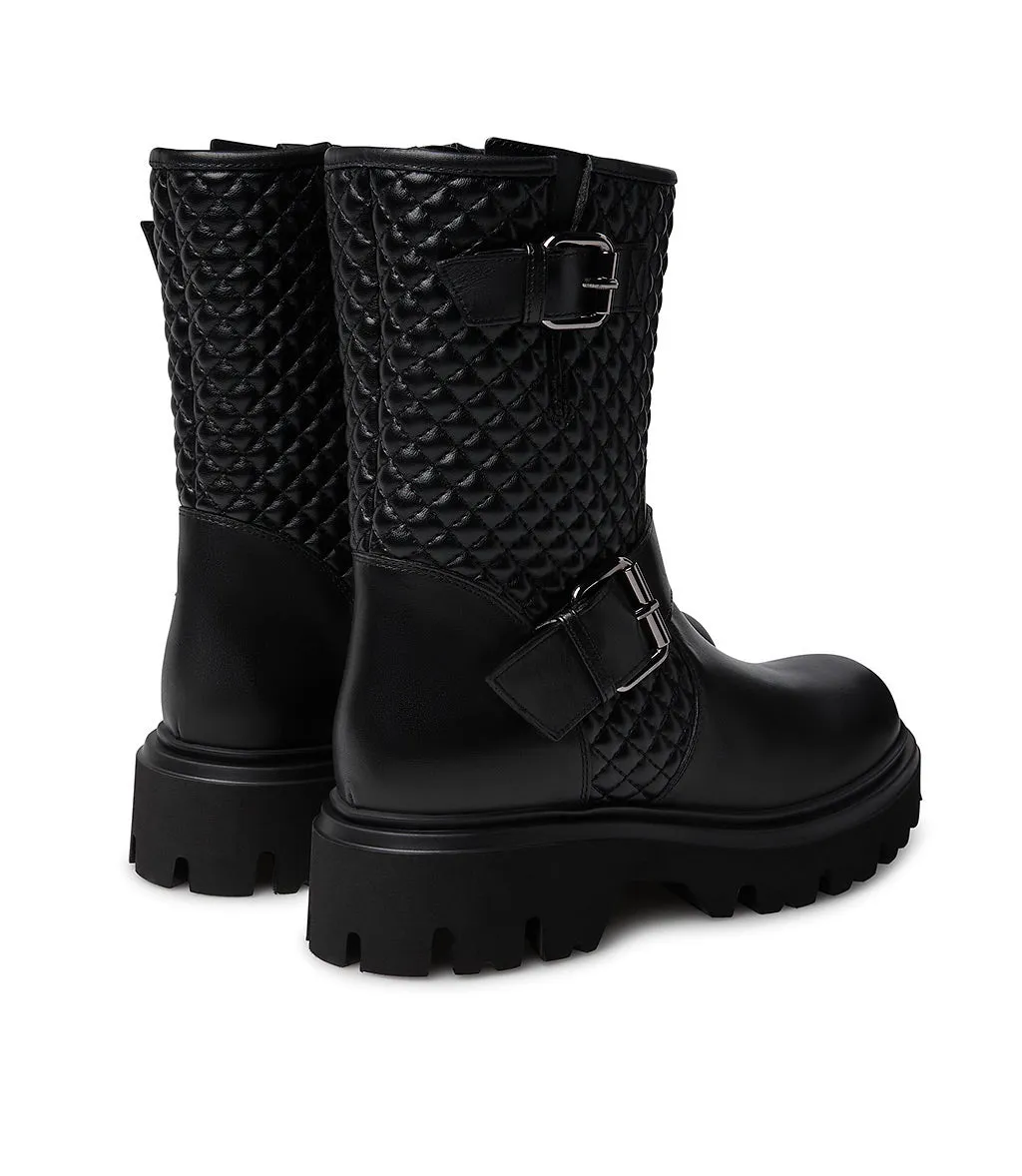Quilted motif black calfskin combat boots
