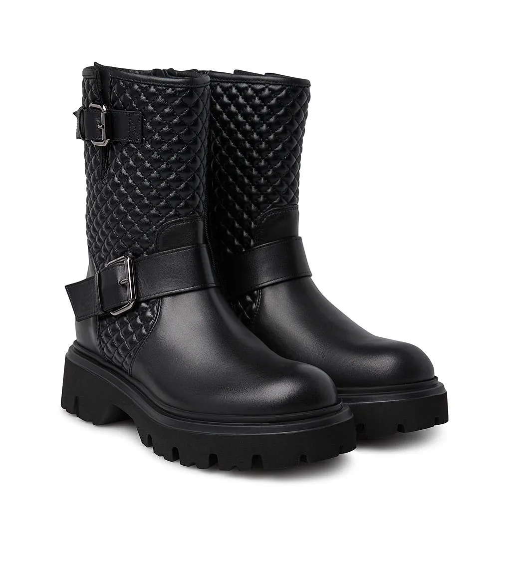 Quilted motif black calfskin combat boots