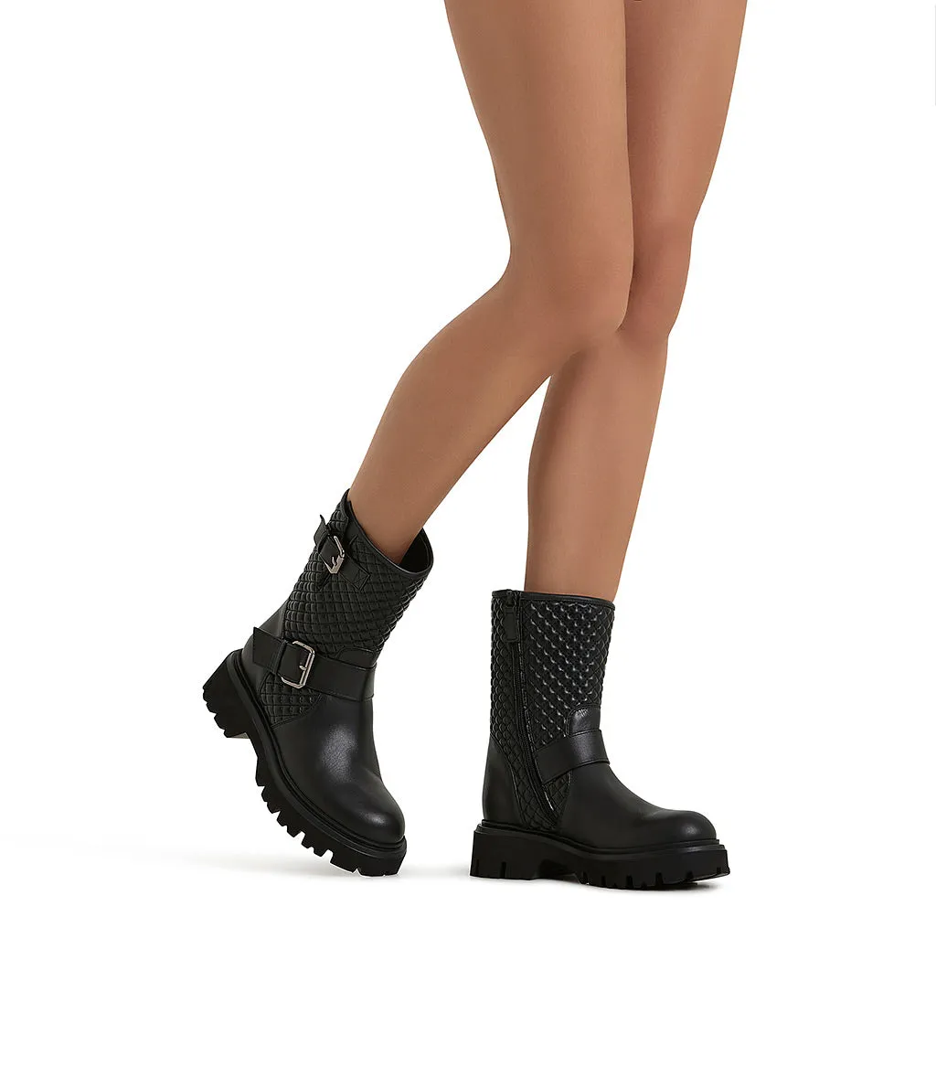 Quilted motif black calfskin combat boots