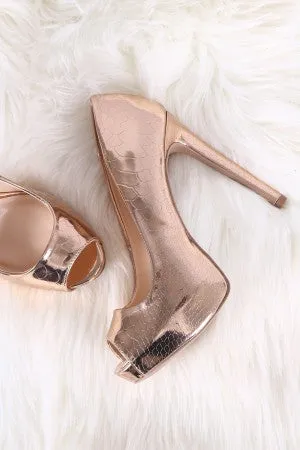 Qupid Snake Embossed Metallic Peep Toe Stiletto Platform Pump