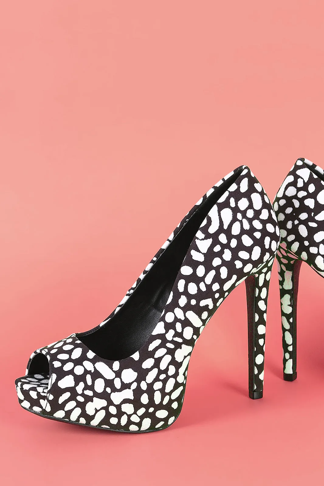 Qupid Spotted Suede Peep Toe Stiletto Platform Pump