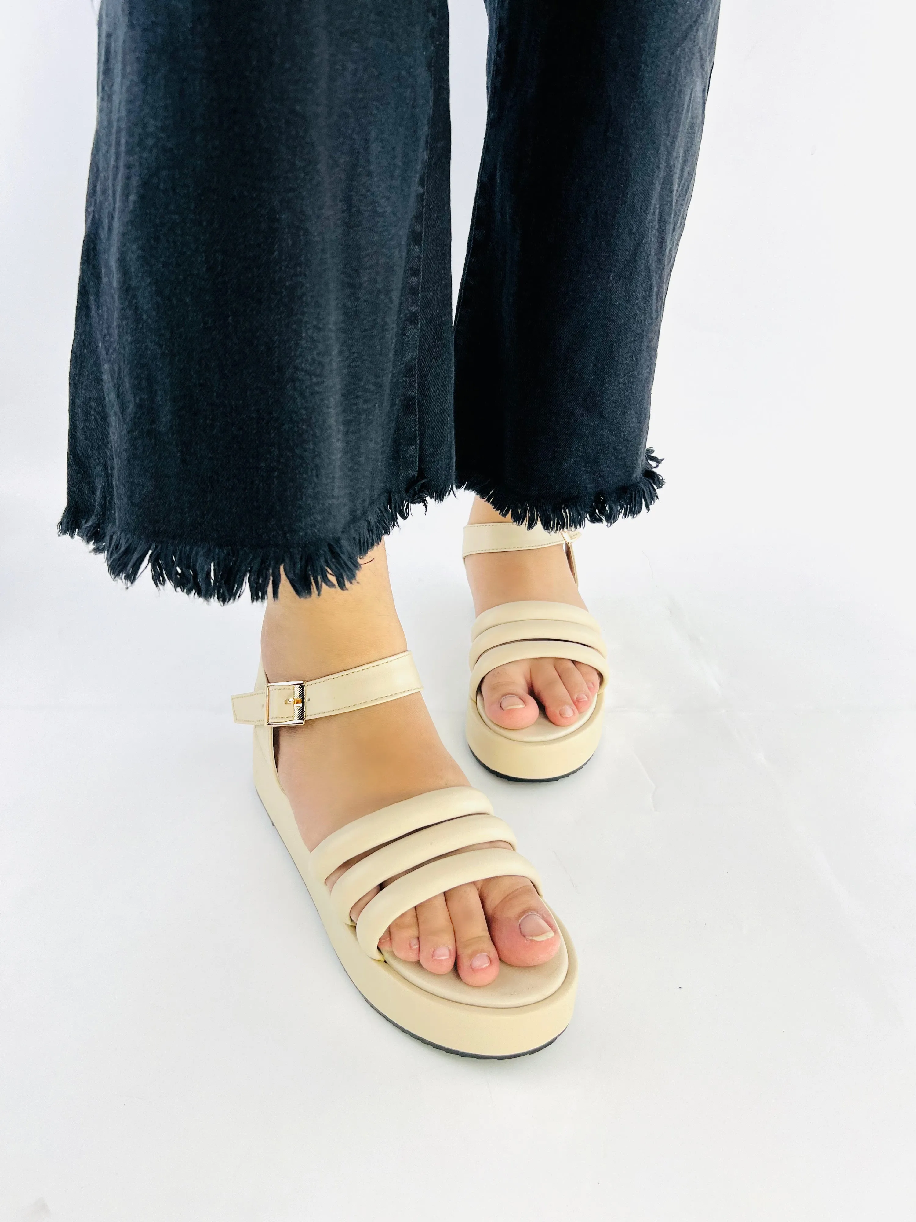 Spunkz Beige Patent Comfy Ankle Strap Platform Wedge Sandals