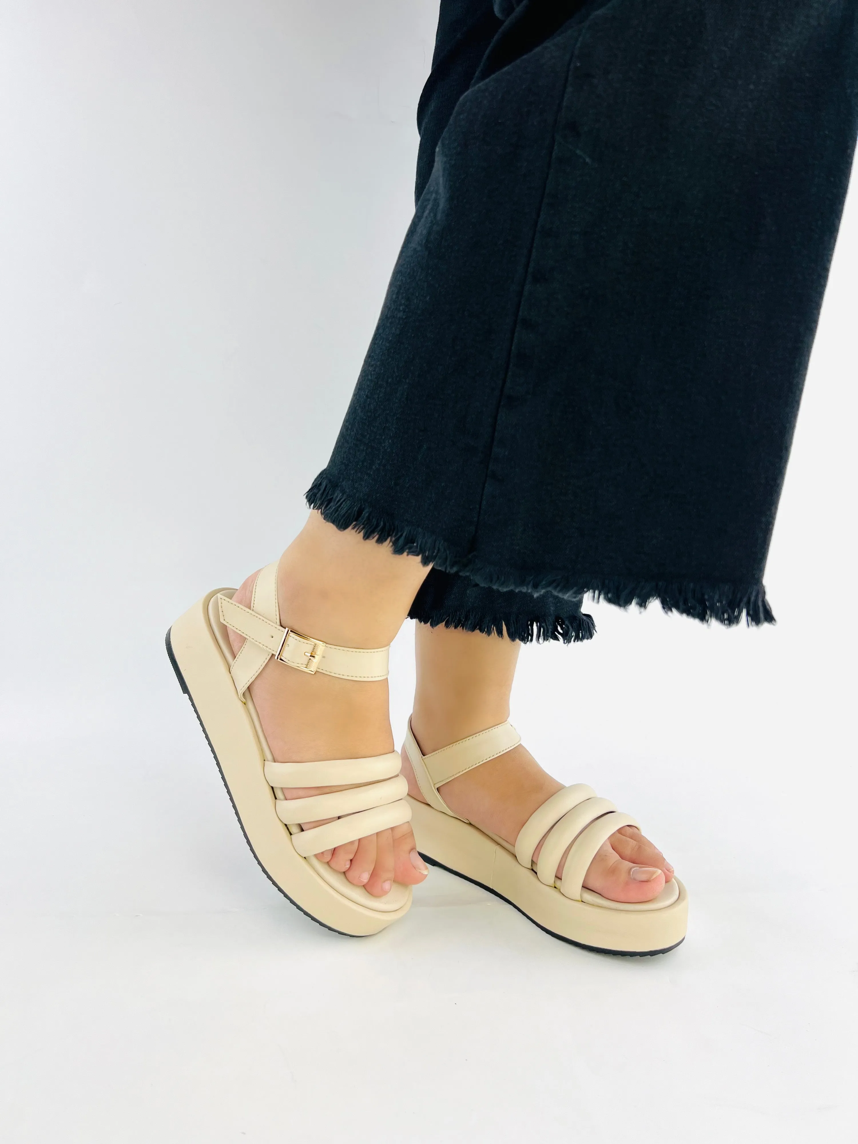 Spunkz Beige Patent Comfy Ankle Strap Platform Wedge Sandals