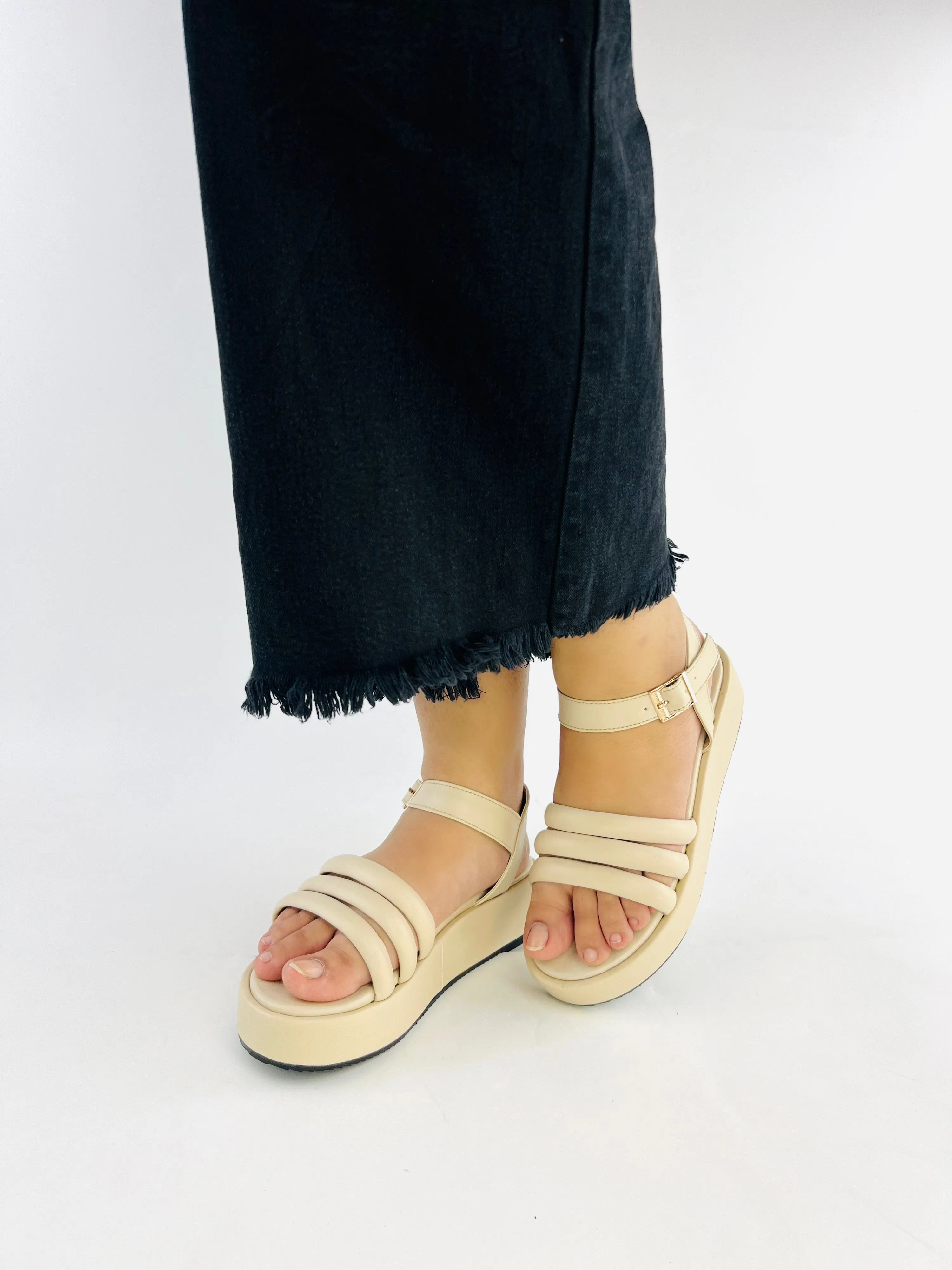 Spunkz Beige Patent Comfy Ankle Strap Platform Wedge Sandals