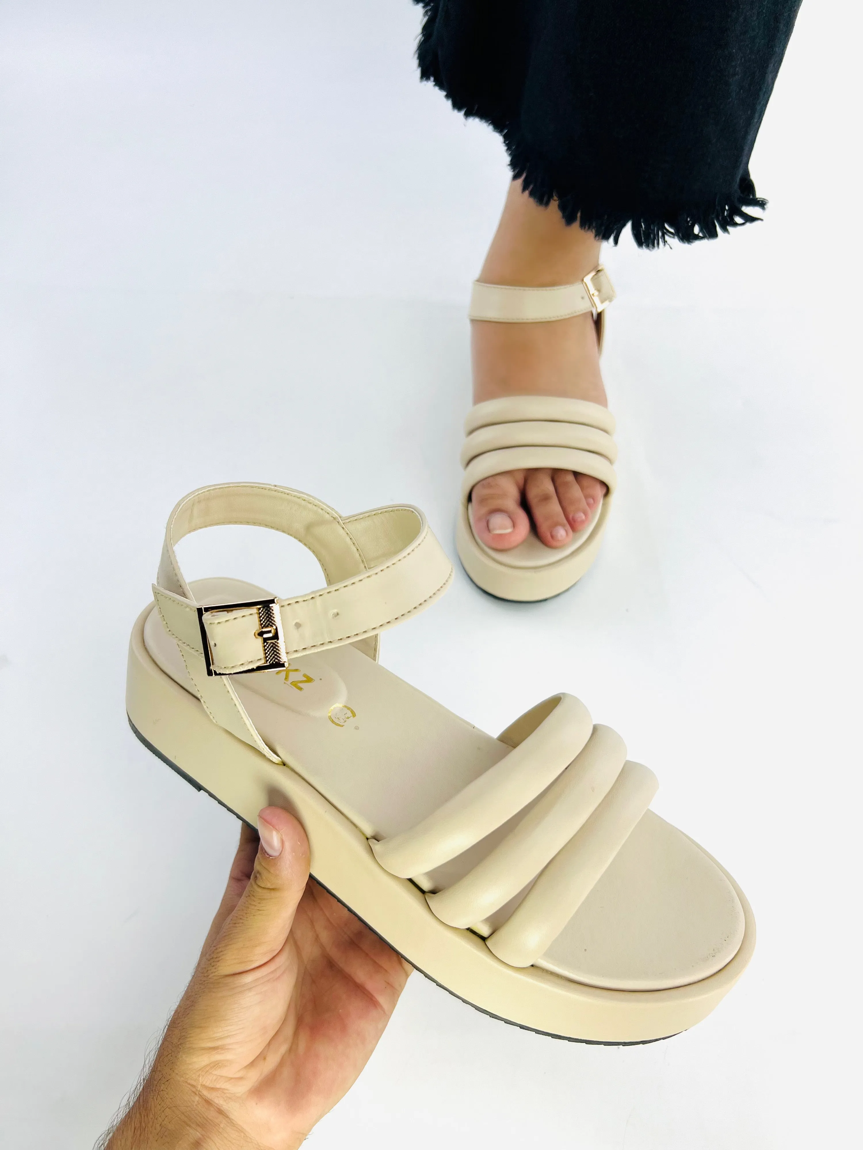 Spunkz Beige Patent Comfy Ankle Strap Platform Wedge Sandals