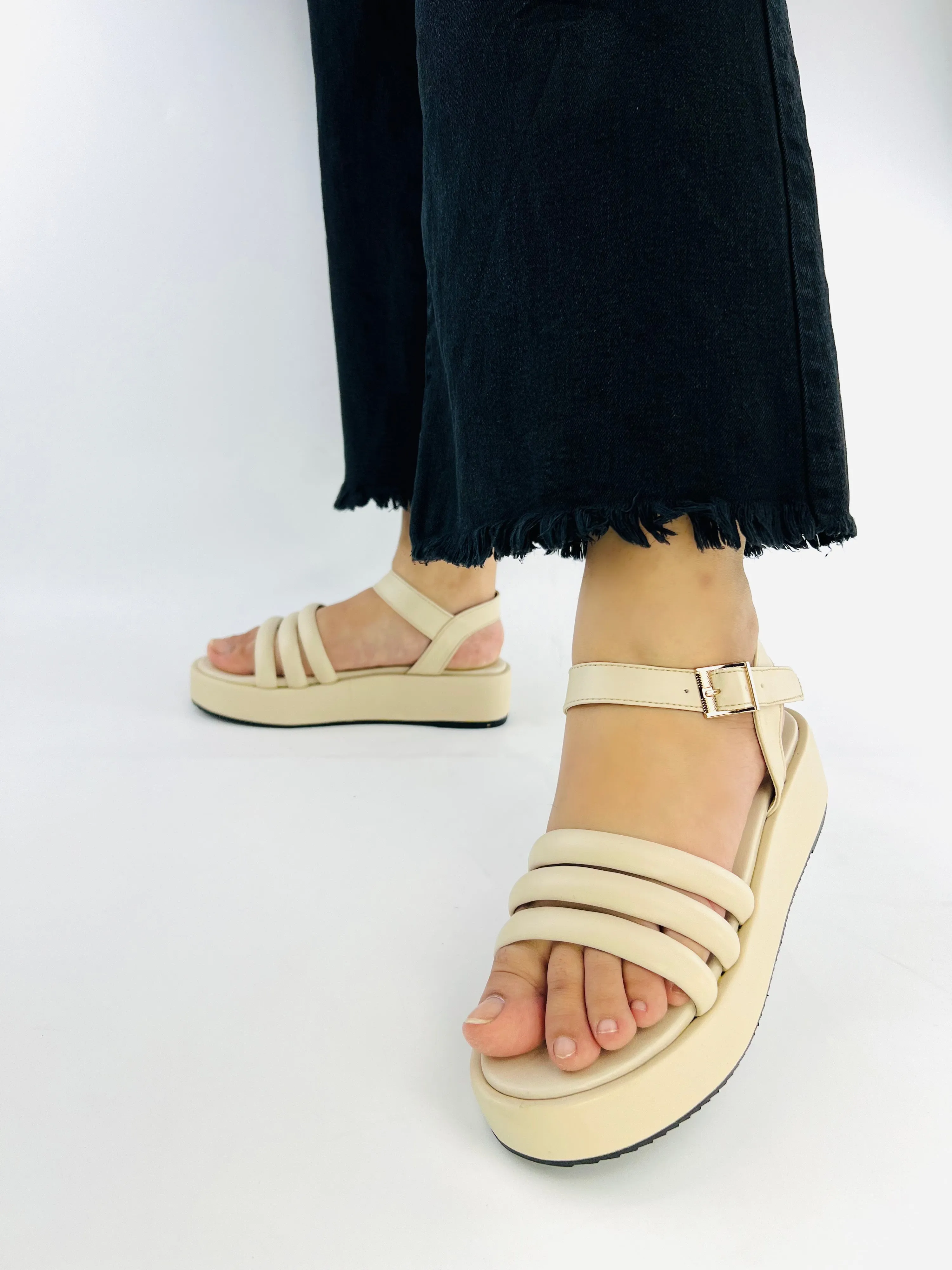 Spunkz Beige Patent Comfy Ankle Strap Platform Wedge Sandals