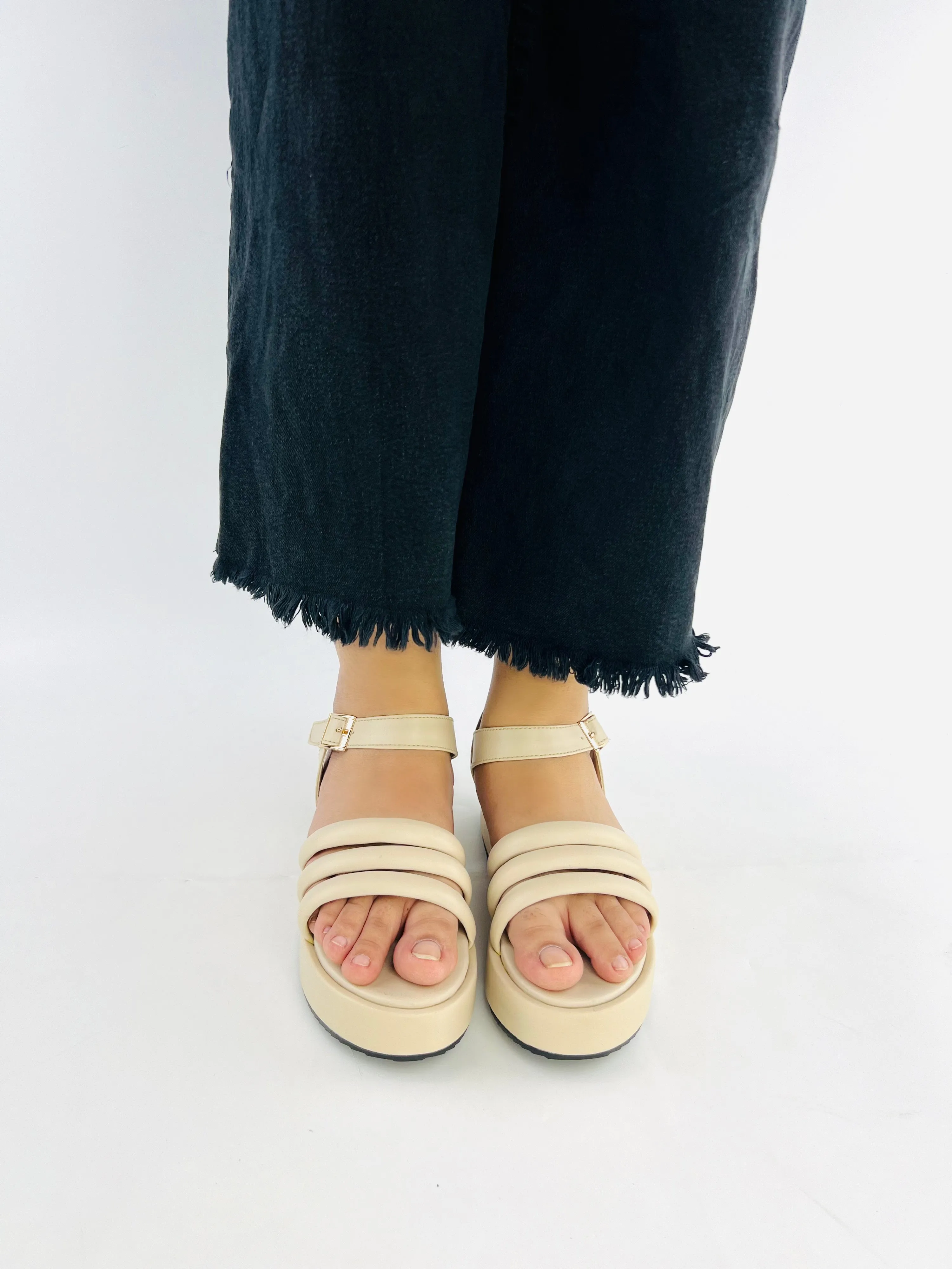 Spunkz Beige Patent Comfy Ankle Strap Platform Wedge Sandals