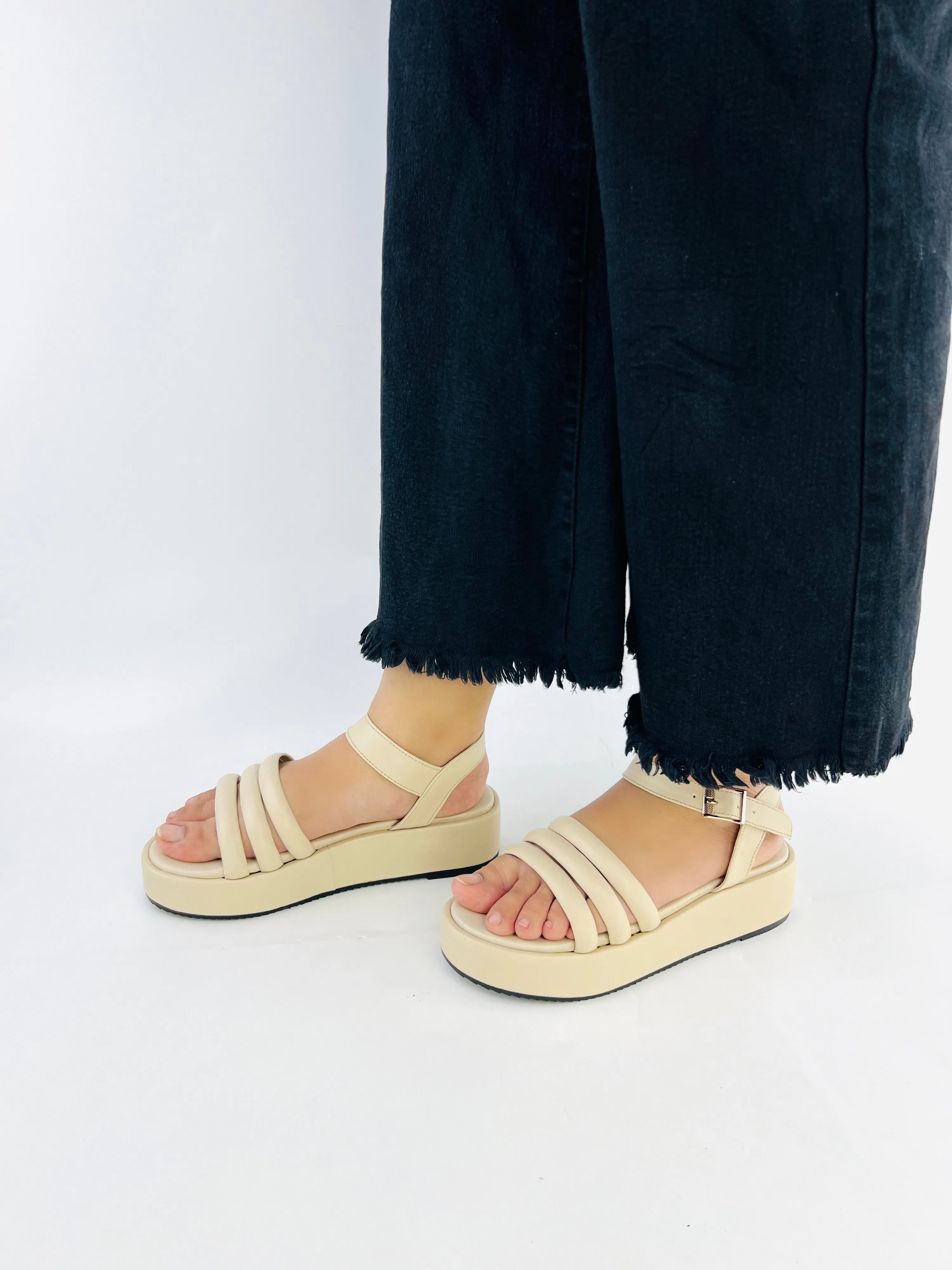 Spunkz Beige Patent Comfy Ankle Strap Platform Wedge Sandals