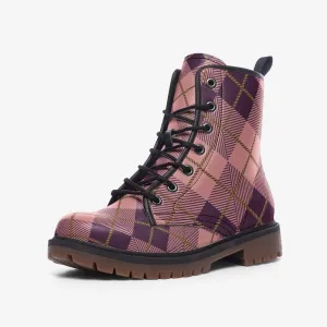 Vegan Combat Boots in Pink Plaid