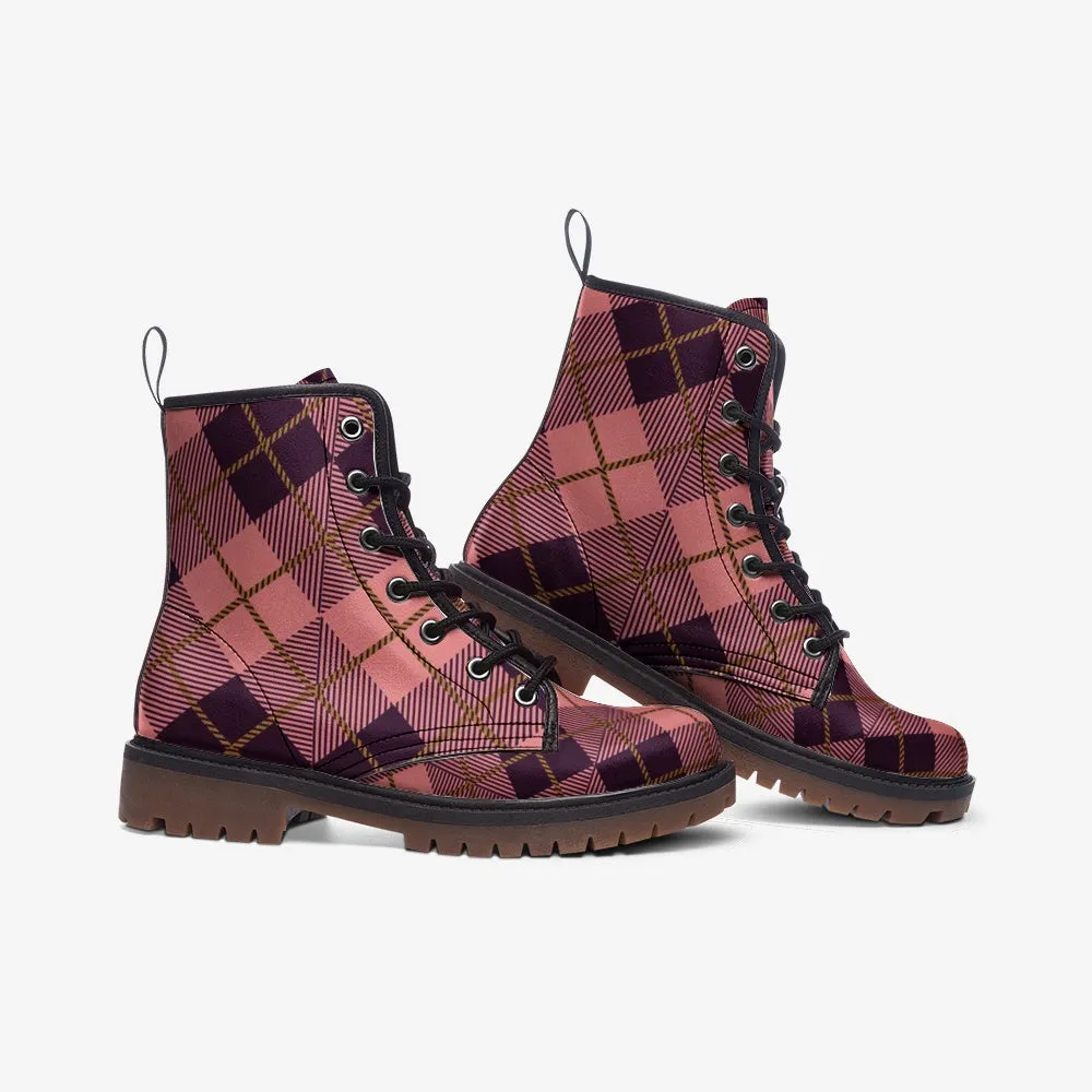 Vegan Combat Boots in Pink Plaid