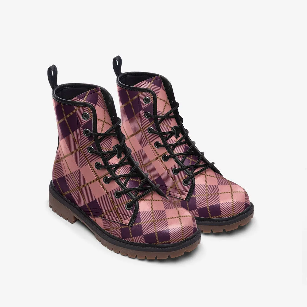 Vegan Combat Boots in Pink Plaid